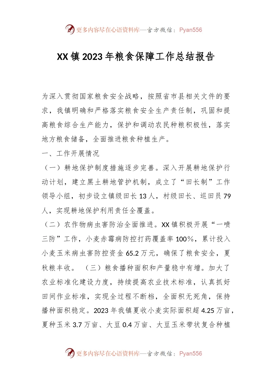 XX镇2023年粮食保障工作总结报告.docx_第1页
