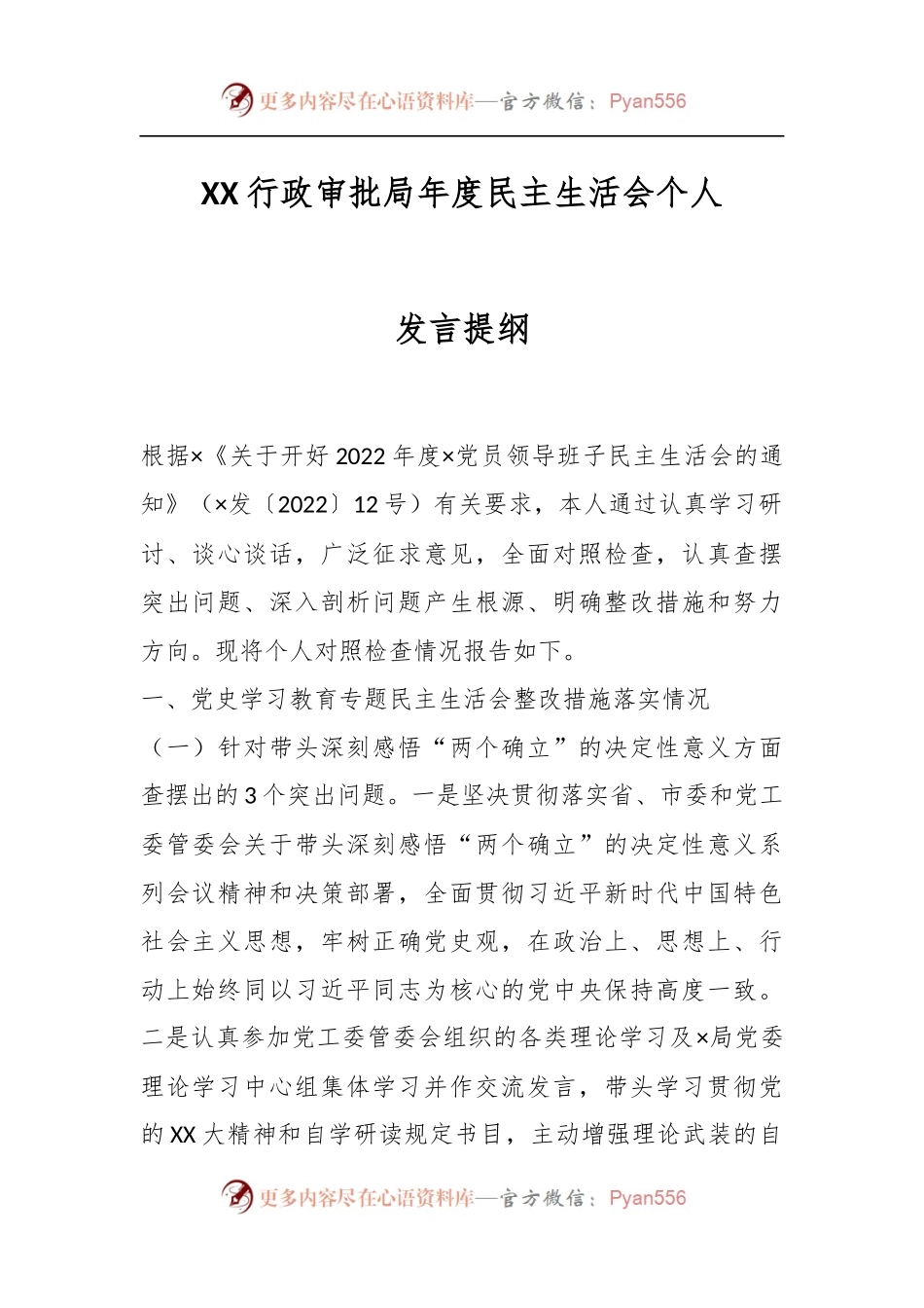 XX行政审批局年度民主生活会个人发言提纲.docx_第1页