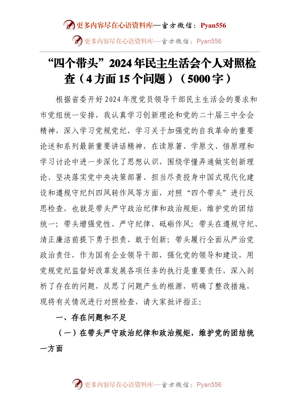 “四个带头”2024年民主生活会个人对照检查（4方面15个问题）（5000字）.docx_第1页