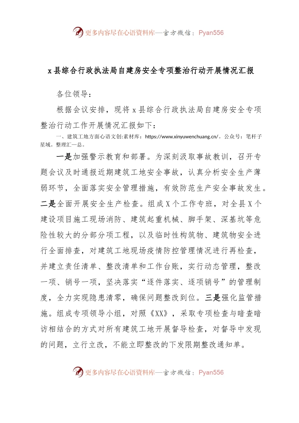 x县综合行政执法局自建房安全专项整治行动开展情况汇报.docx_第1页