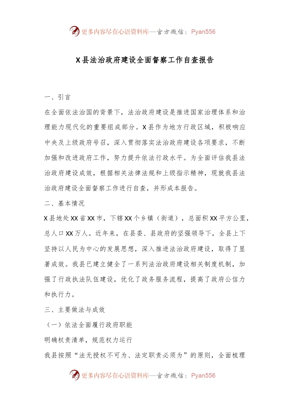 X县法治政府建设全面督察工作自查报告.docx_第1页