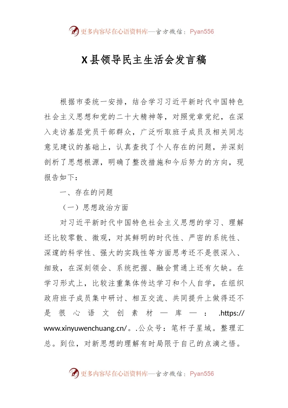 X县领导民主生活会发言稿.docx_第1页