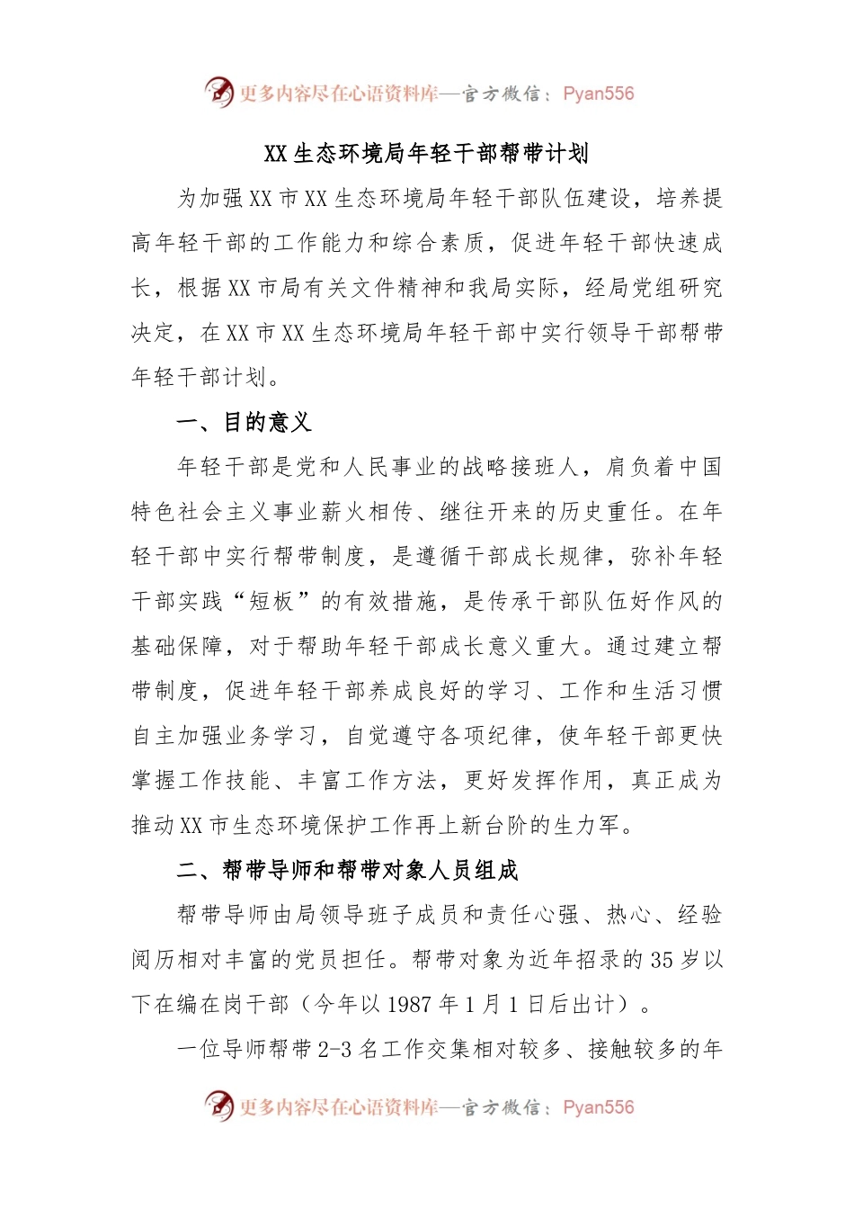XX生态环境局年轻干部帮带计划.docx_第1页