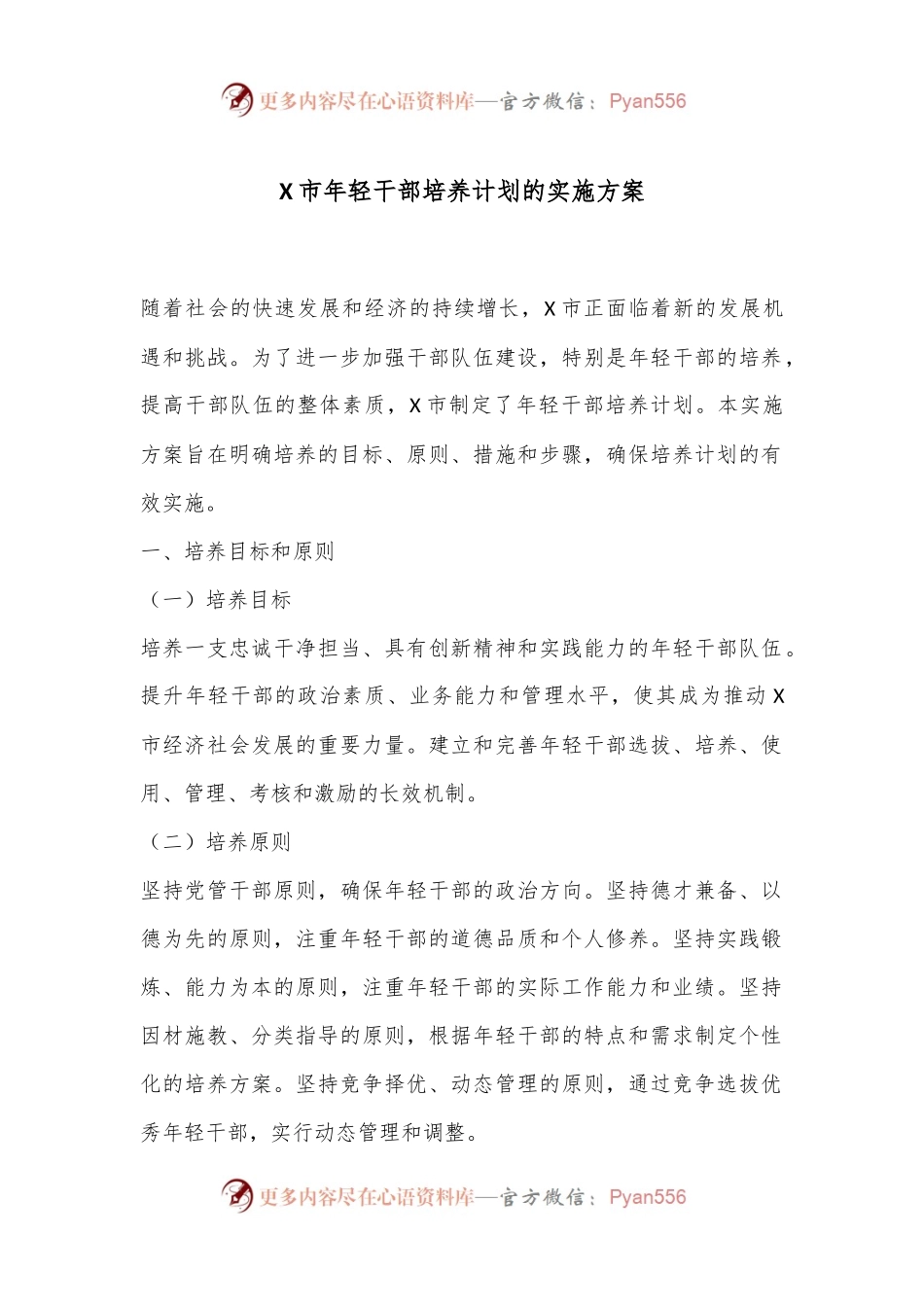 X市年轻干部培养计划的实施方案.docx_第1页