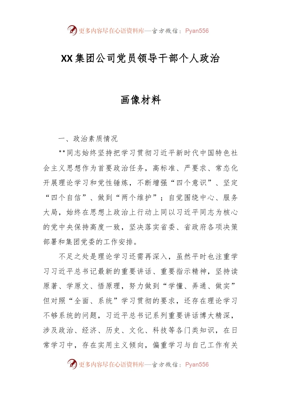 XX集团公司党员领导干部个人政治画像材料.docx_第1页