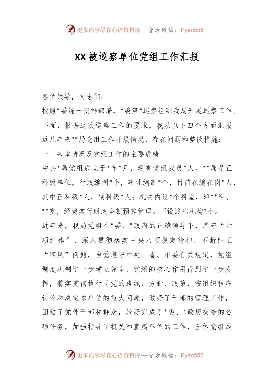 XX被巡察单位党组工作汇报.docx_第1页