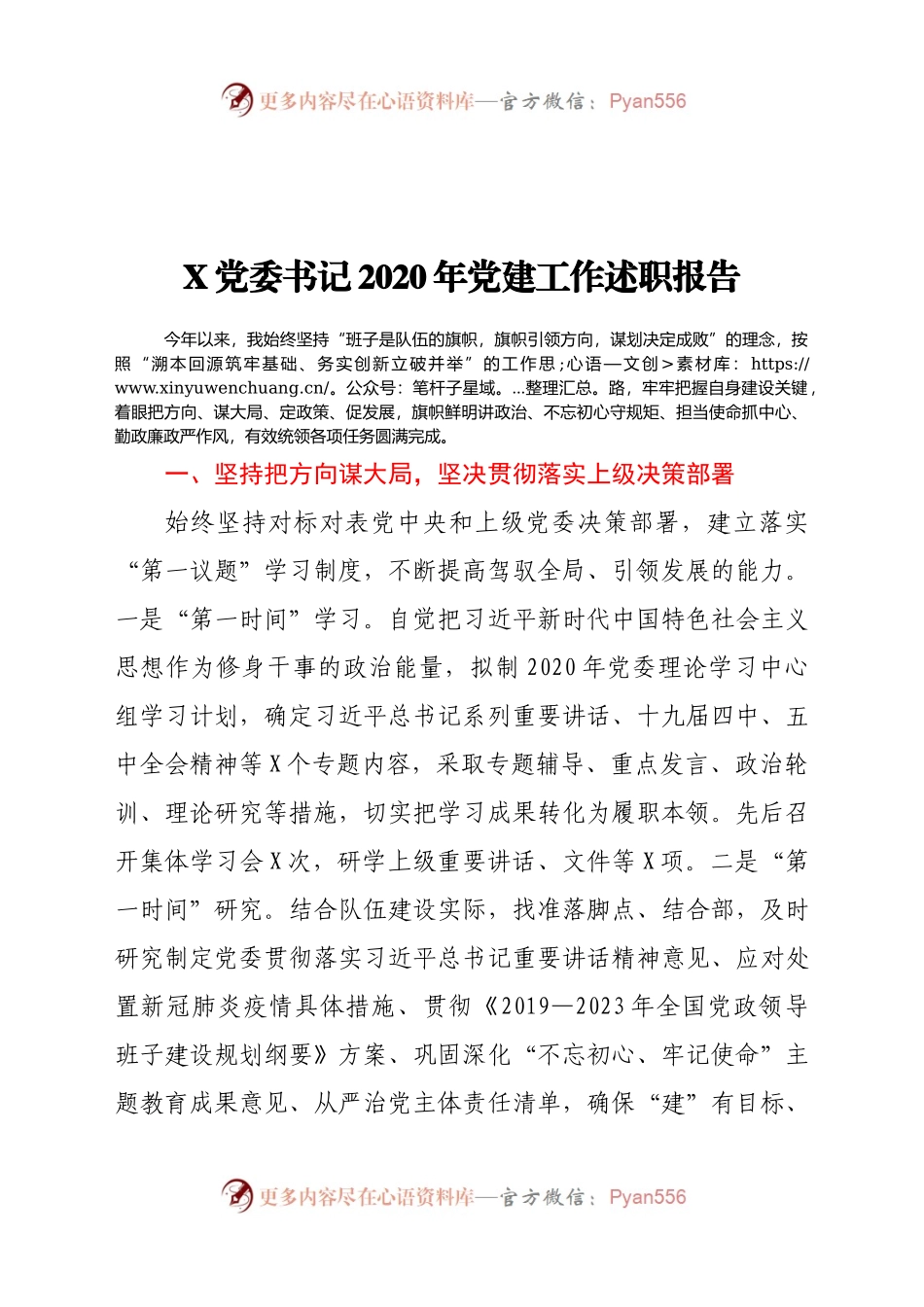 X党委书记2020年党建工作述职报告.docx_第1页