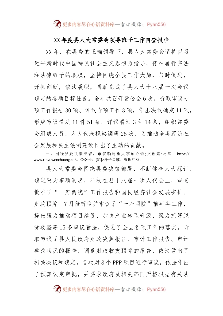 XX年度县人大常委会领导班子工作自查报告.docx_第1页
