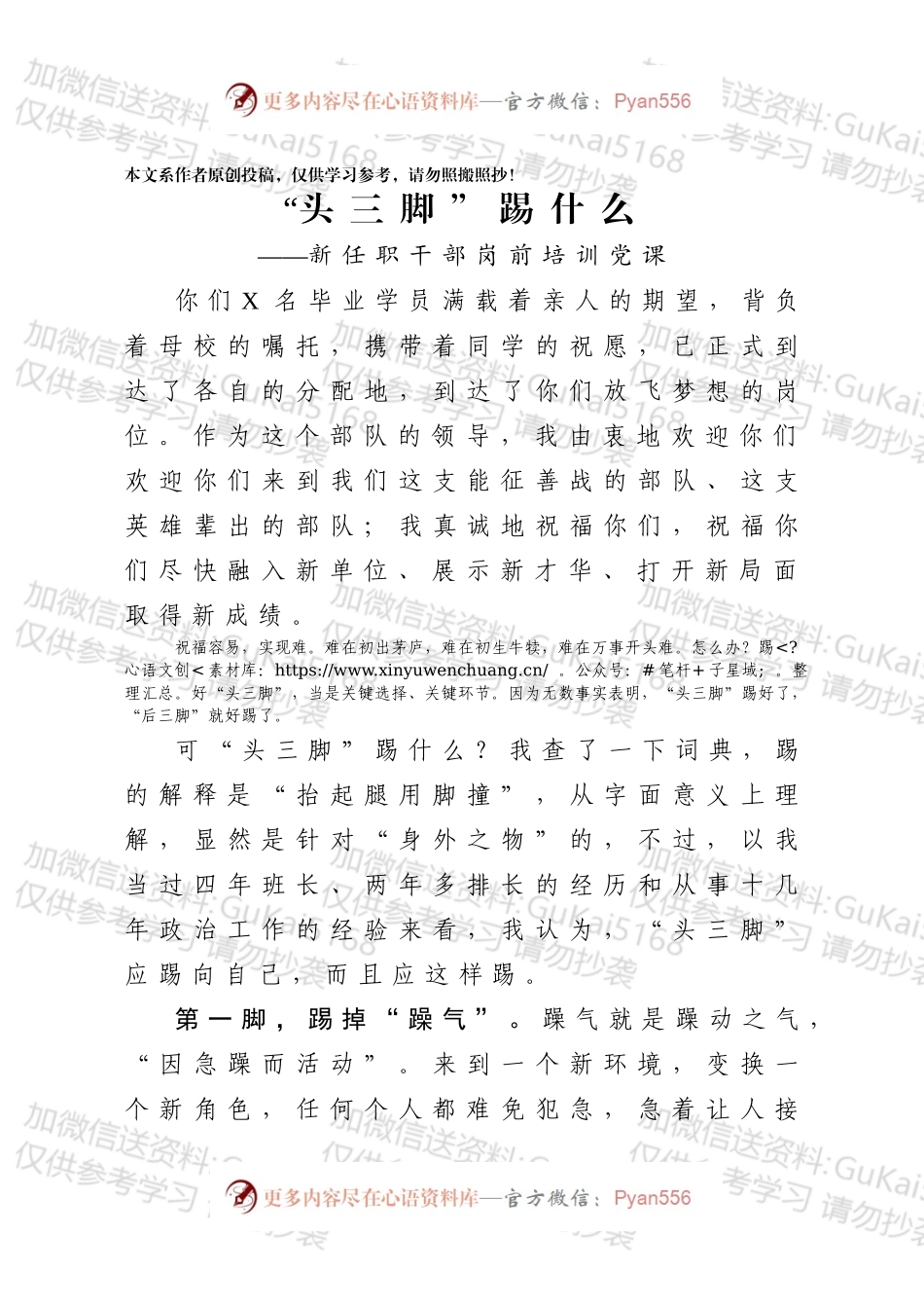 【党课范文】新任职干部岗前培训党课头三脚踢什么.docx_第1页