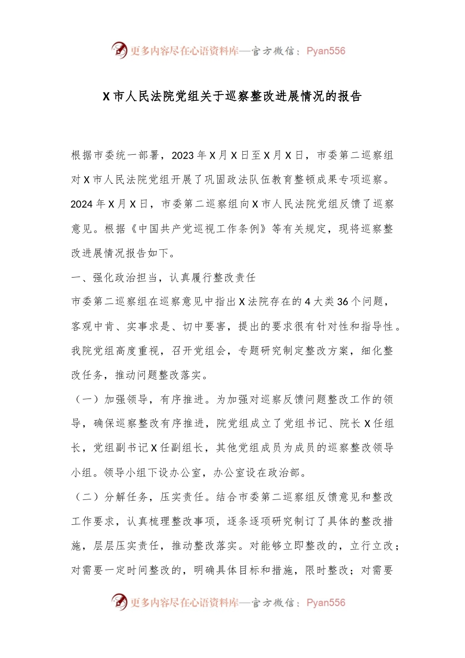 X市人民法院党组关于巡察整改进展情况的报告.docx_第1页