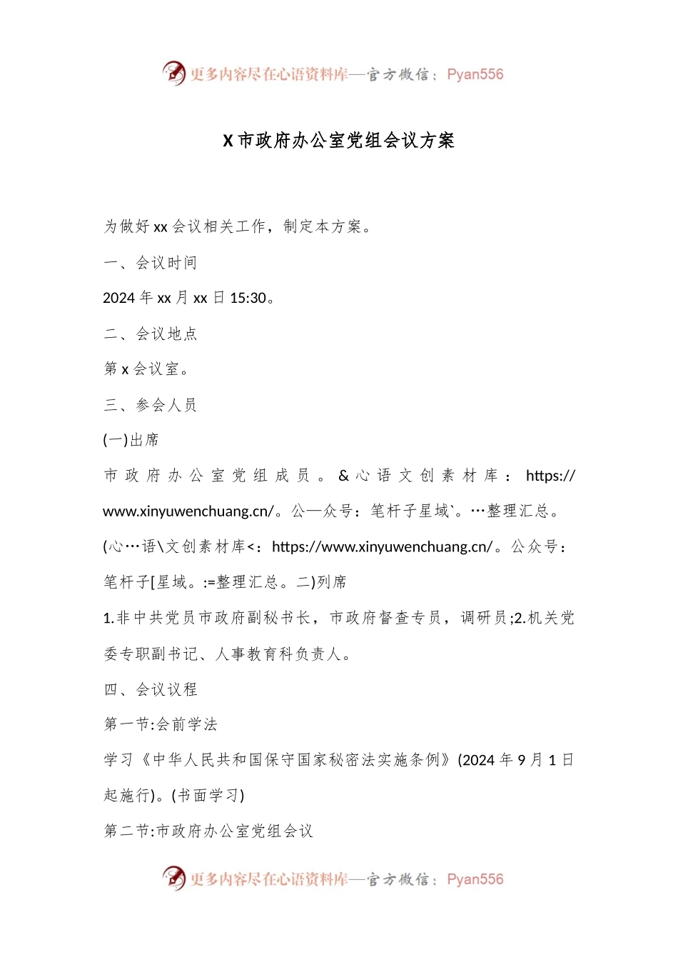 X市政府办公室党组会议方案.docx_第1页