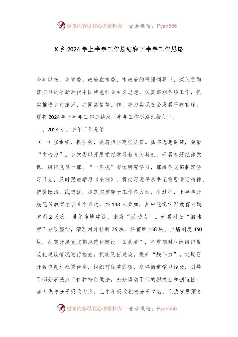 X乡2024年上半年工作总结和下半年工作思路.docx_第1页