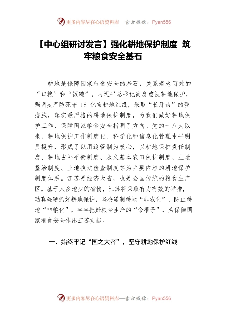 【中心组研讨发言】强化耕地保护制度 筑牢粮食安全基石.docx_第1页