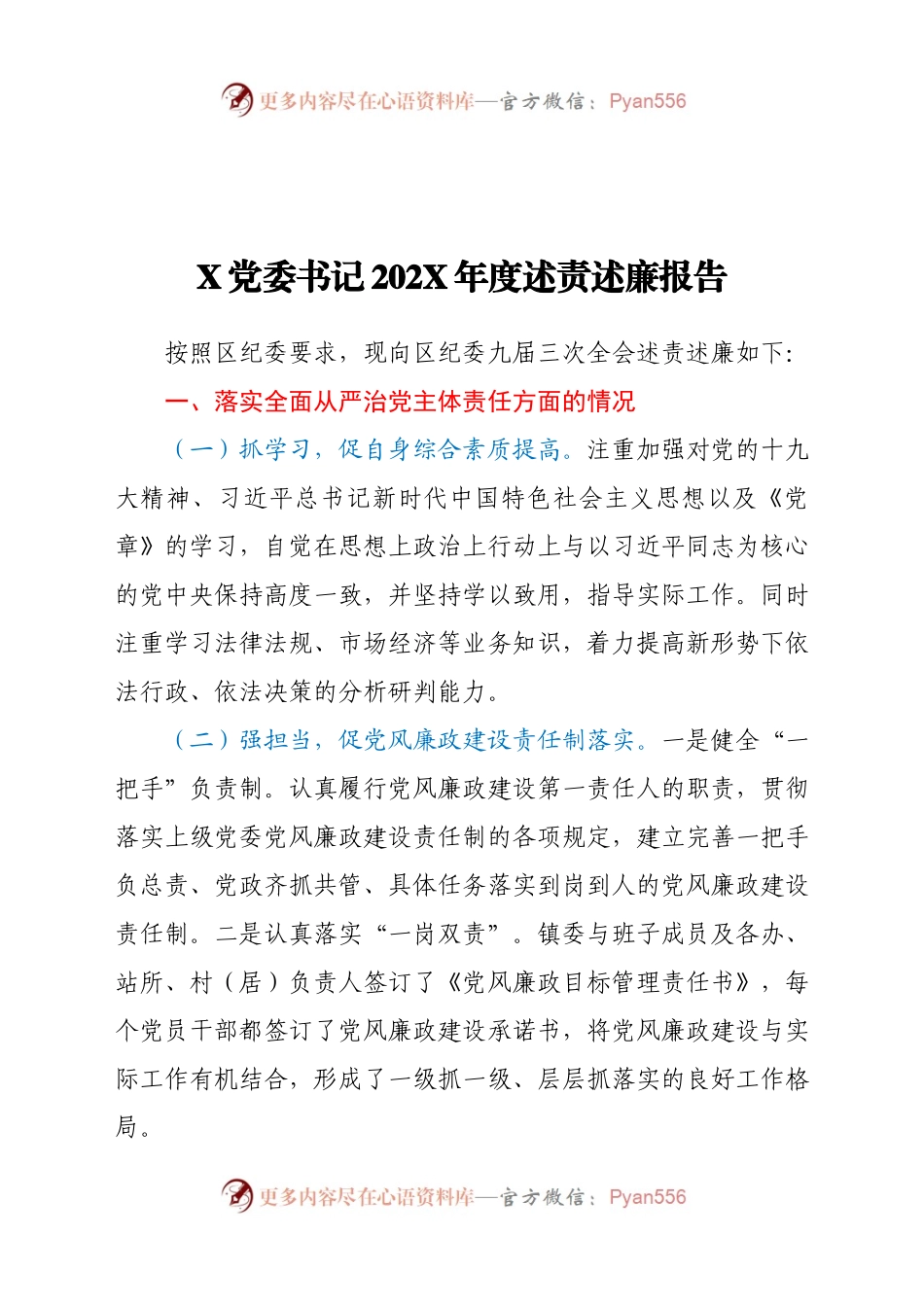 X党委书记202X年度述责述廉报告.docx_第1页