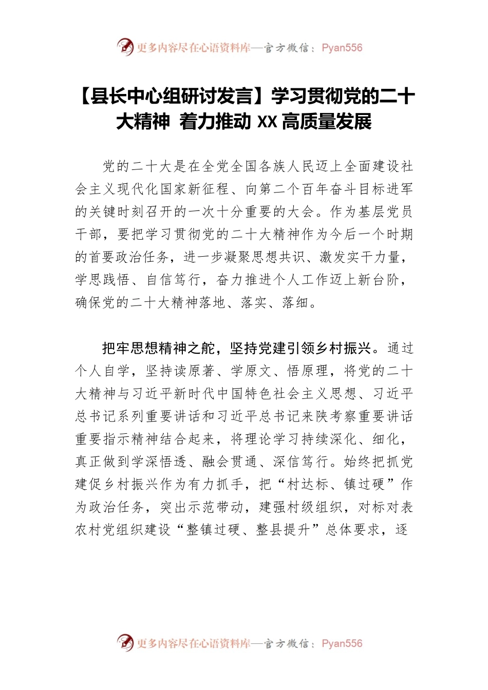 【县长中心组研讨发言】学习贯彻党的二十大精神 着力推动XX高质量发展.docx_第1页