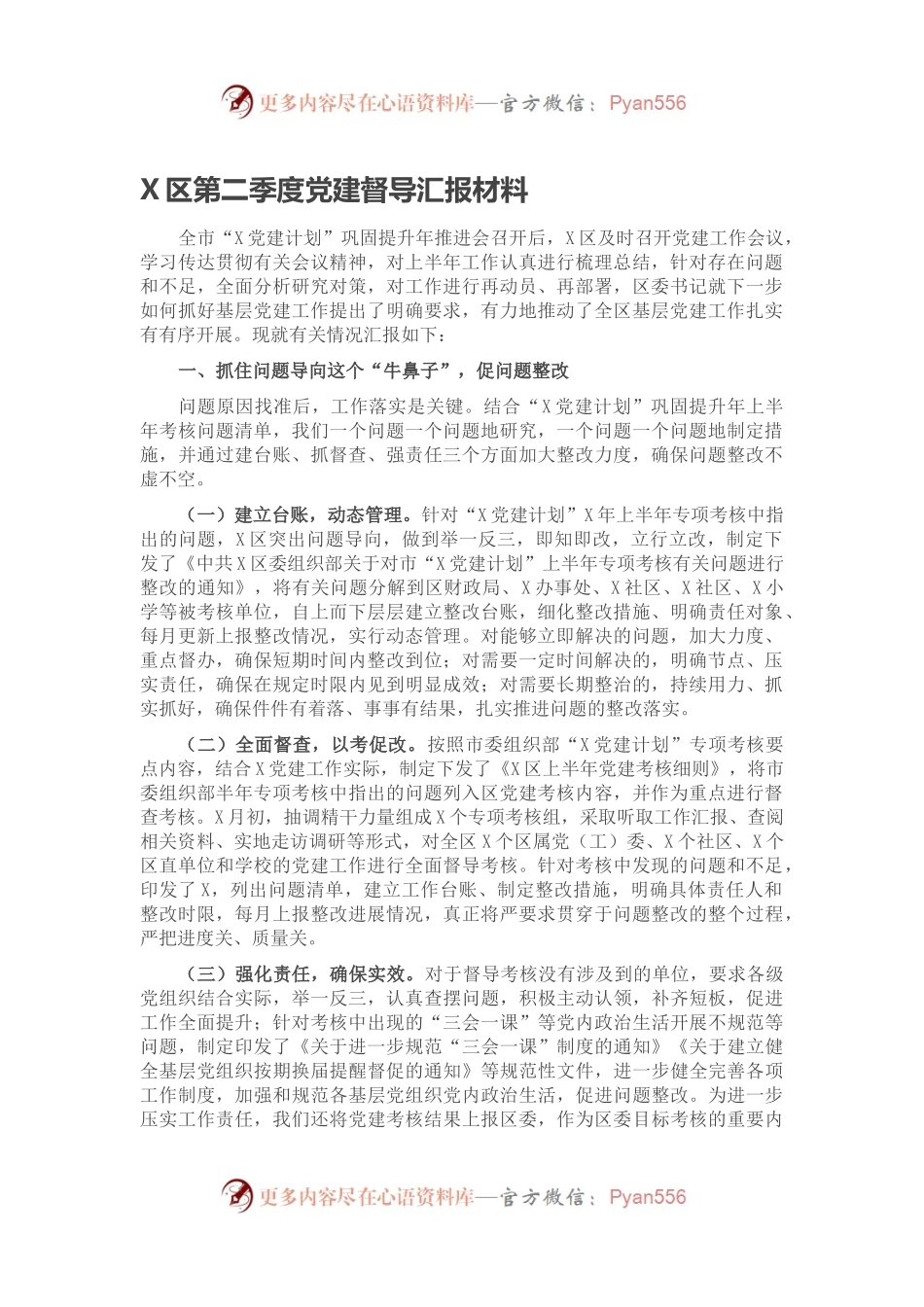 X区第二季度党建督导汇报材料.docx_第1页