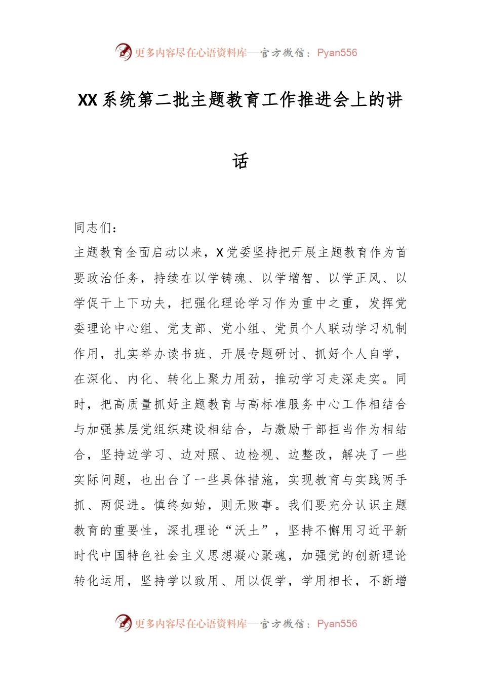 XX系统第二批主题教育工作推进会上的讲话.docx_第1页