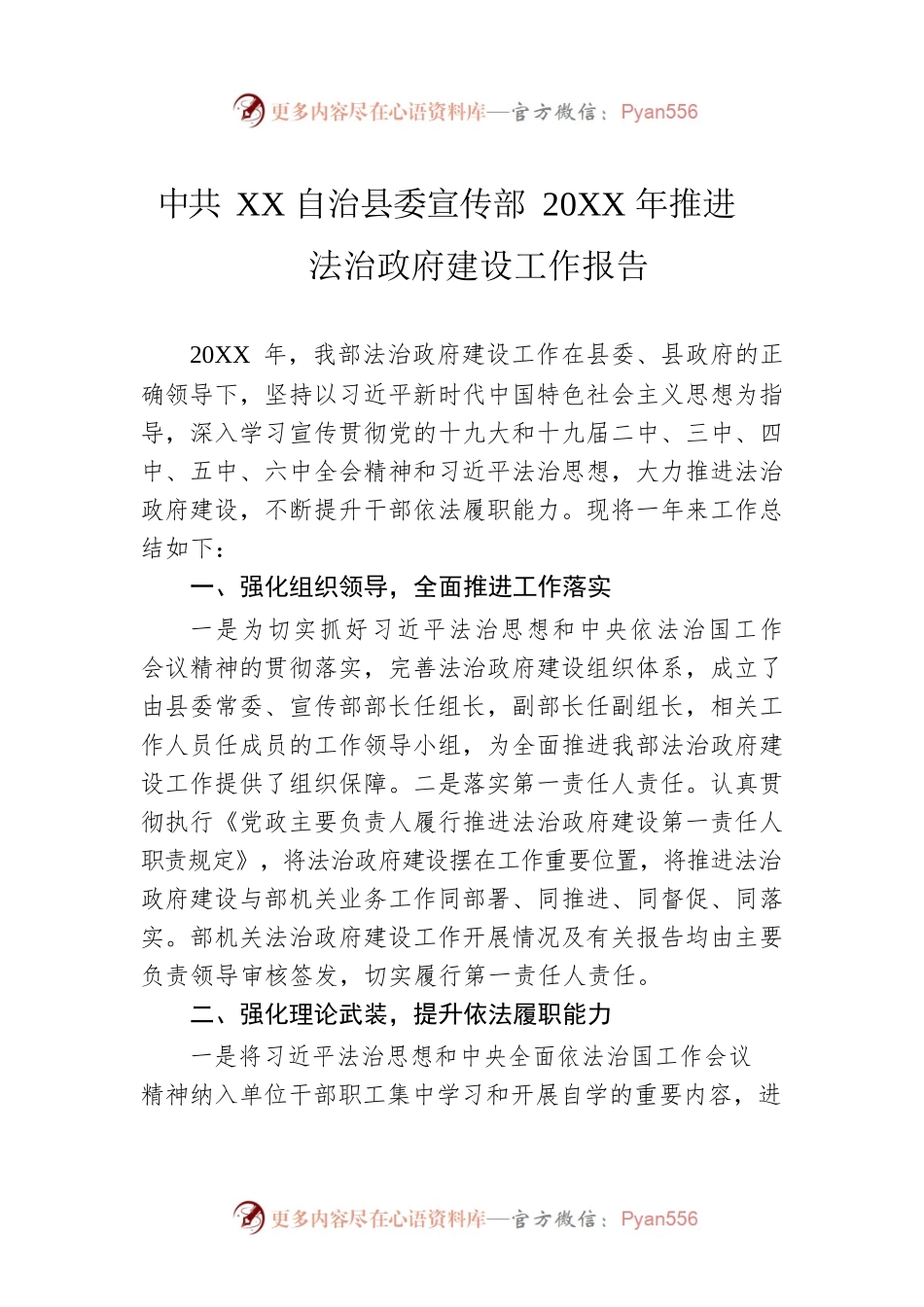 X自治县委宣传部20XX年推进法治政府建设工作报告（20220218）.docx_第1页
