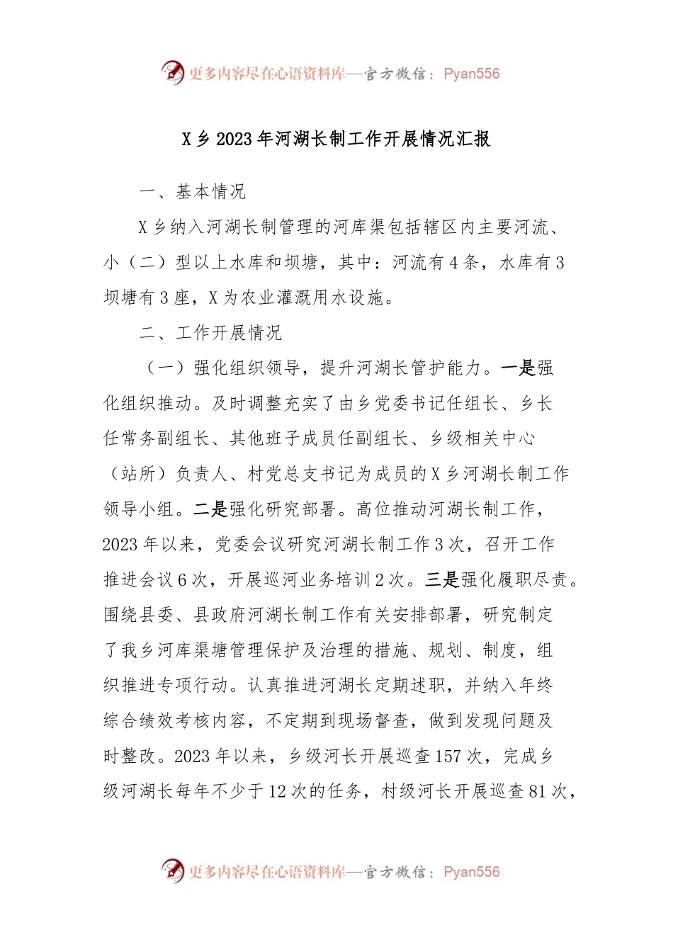 X乡2023年河湖长制工作开展情况汇报.docx_第1页