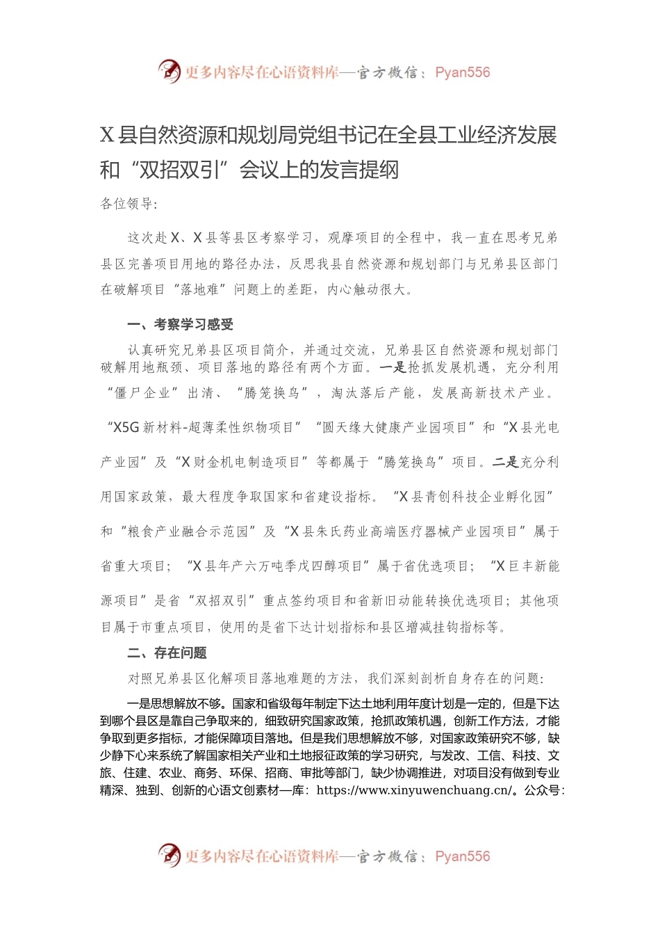 X县自然资源和规划局党组书记在全县工业经济发展和“双招双引”会议上的发言提纲.docx_第1页