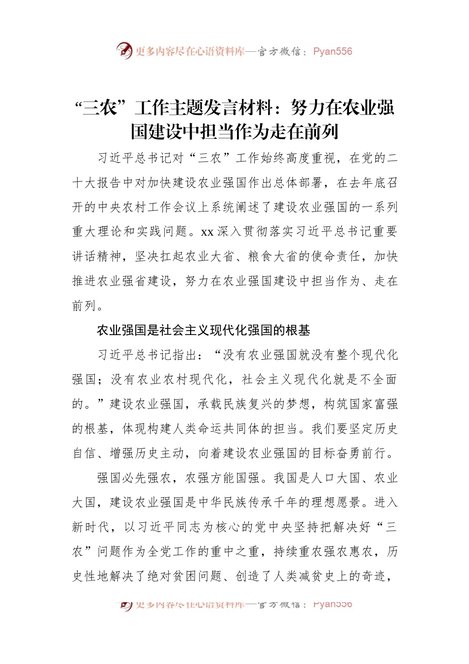 “三农”工作主题发言材料：努力在农业强国建设中担当作为走在前列.docx_第1页