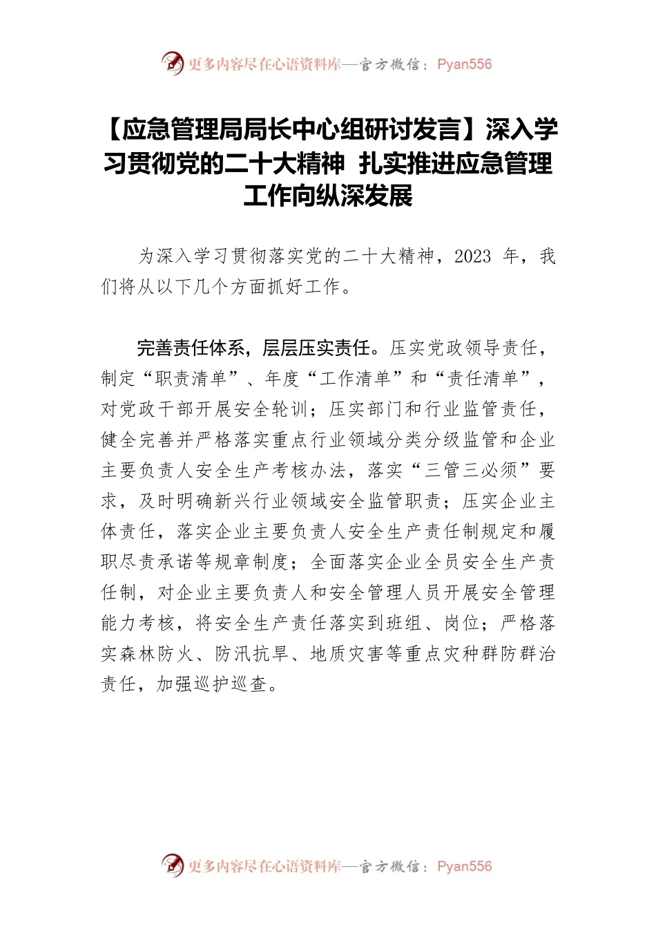 【应急管理局局长中心组研讨发言】深入学习贯彻党的二十大精神 扎实推进应急管理工作向纵深发展.docx_第1页
