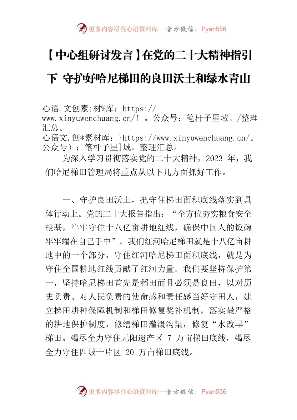 【中心组研讨发言】在党的二十大精神指引下 守护好哈尼梯田的良田沃土和绿水青山.docx_第1页