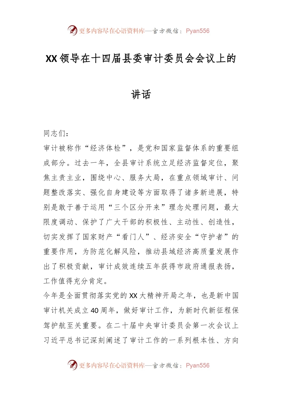 XX领导在十四届县委审计委员会会议上的讲话.docx_第1页