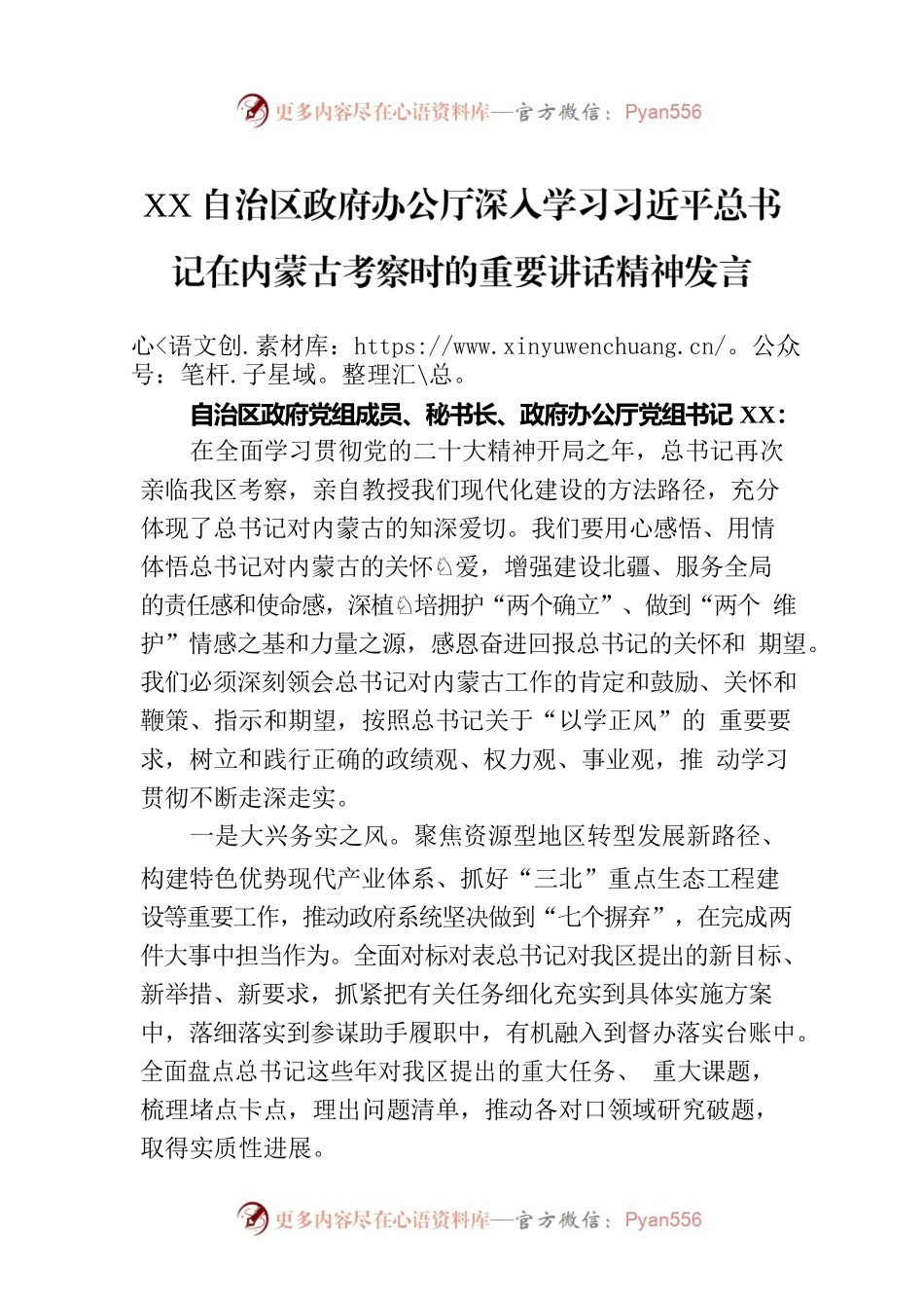 XX自治区政府办公厅深入学习习近平总书记在内蒙古考察时的重要讲话精神发言.docx_第1页