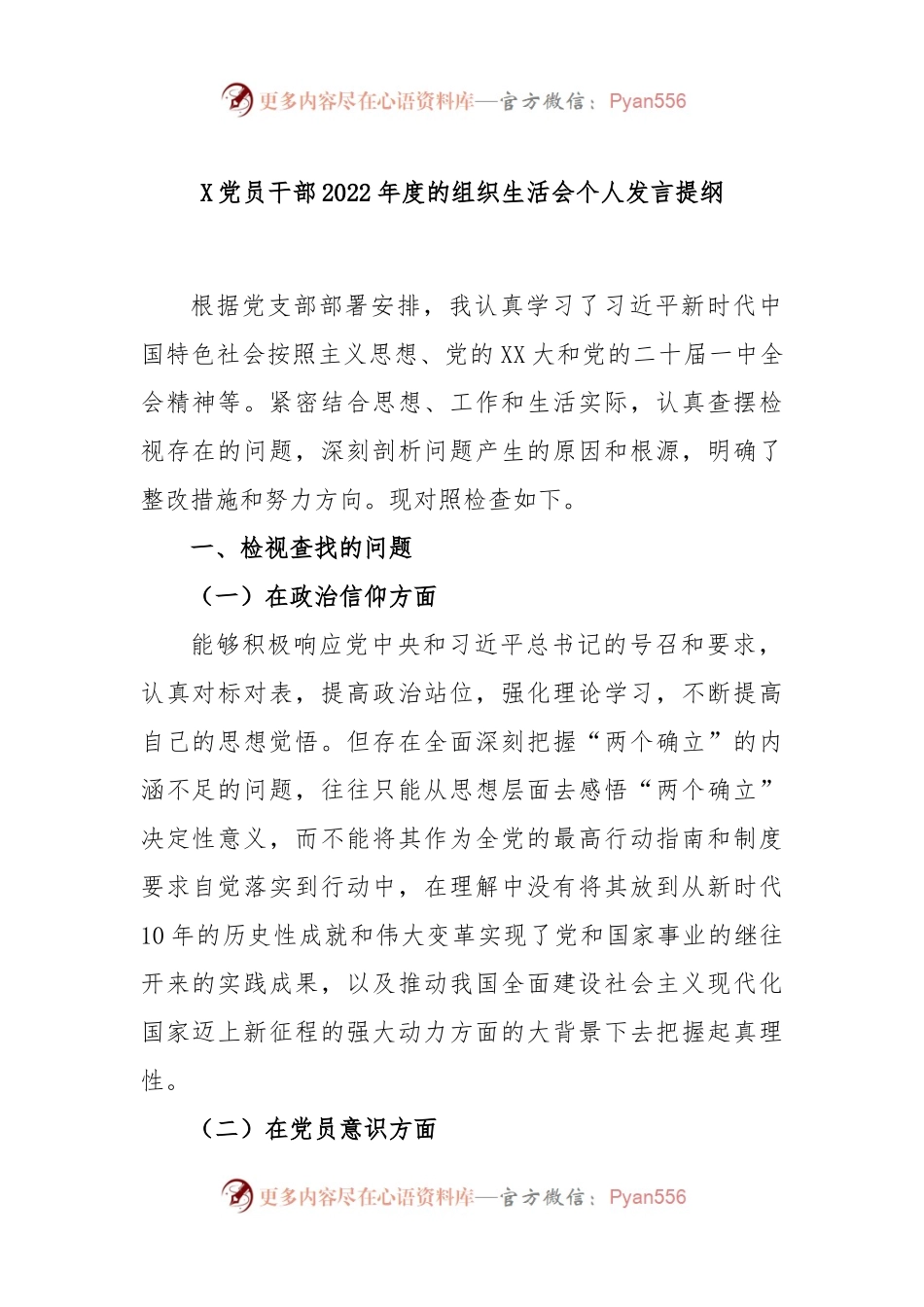 X党员干部2022年度的组织生活会个人发言提纲.docx_第1页