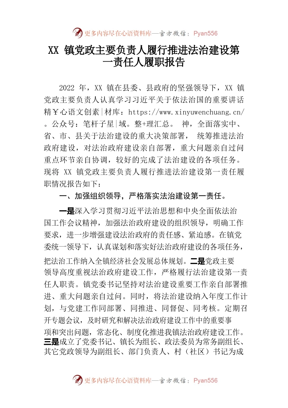 XX镇党政主要负责人履行推进法治建设第一责任人履职报告.docx_第1页