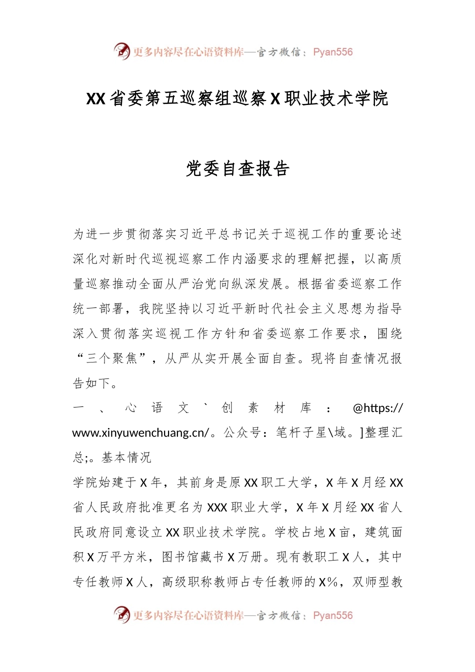 XX省委第五巡察组巡察X职业技术学院党委自查报告.docx_第1页