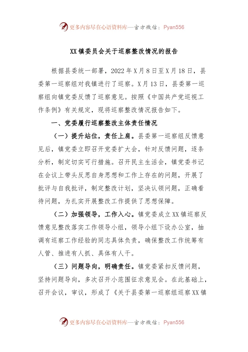 XX镇委员会关于巡察整改情况的报告.docx_第1页