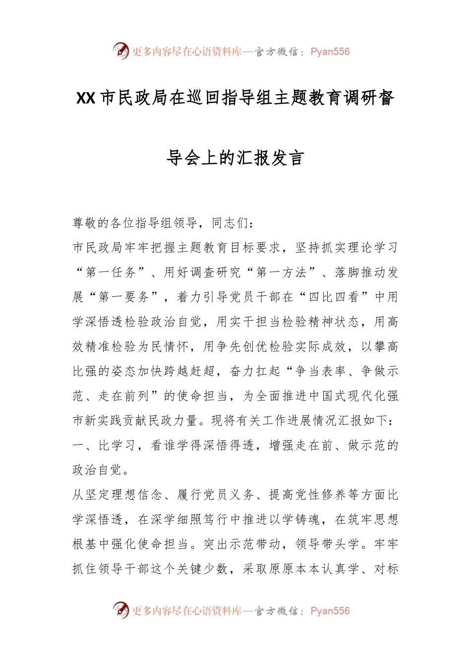XX市民政局在巡回指导组主题教育调研督导会上的汇报发言.docx_第1页