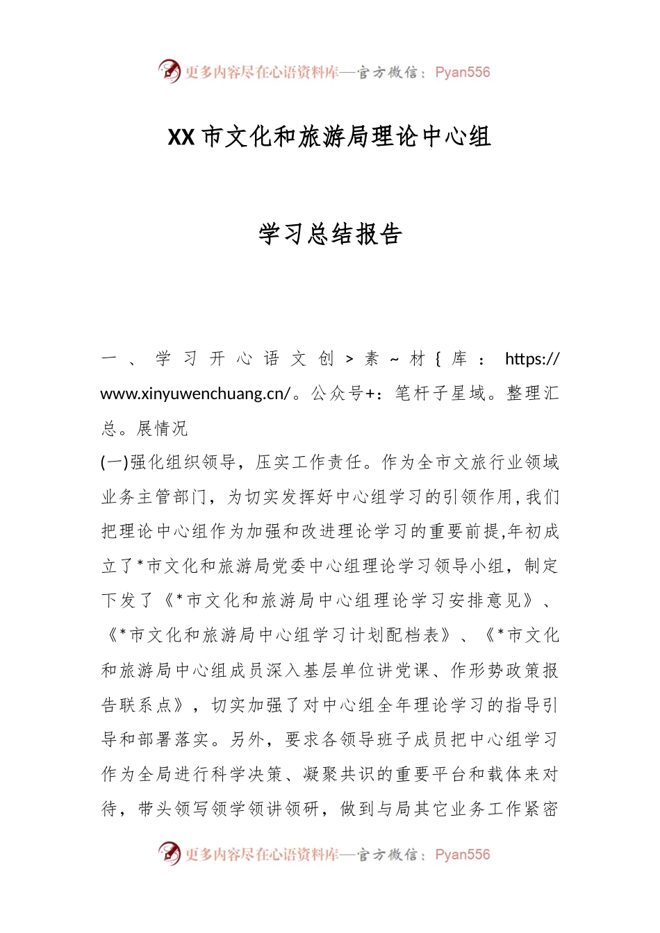 XX市文化和旅游局理论中心组学习总结报告.docx_第1页