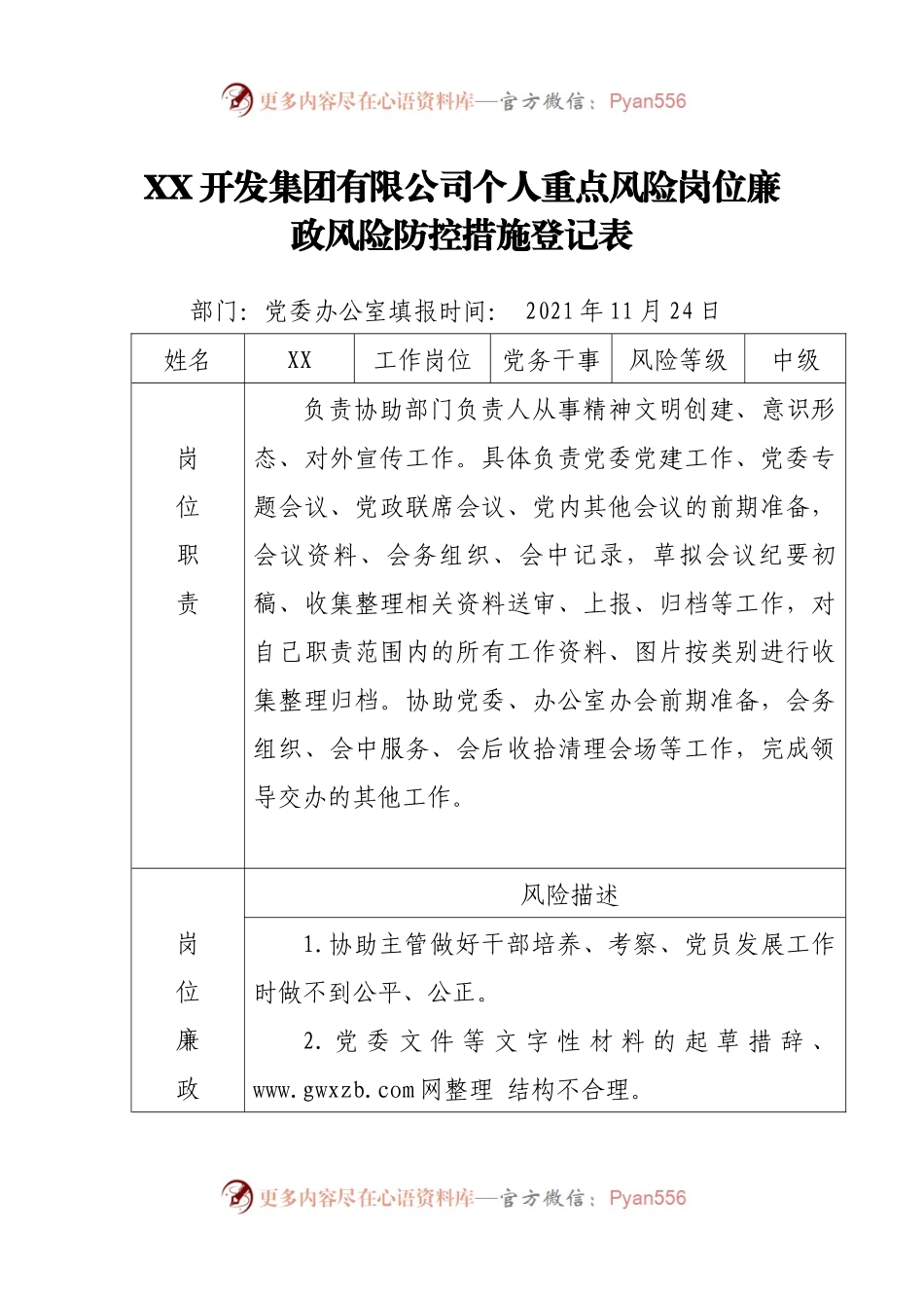 XX开发集团有限公司个人重点风险岗位廉政风险防控措施登记表.docx_第1页