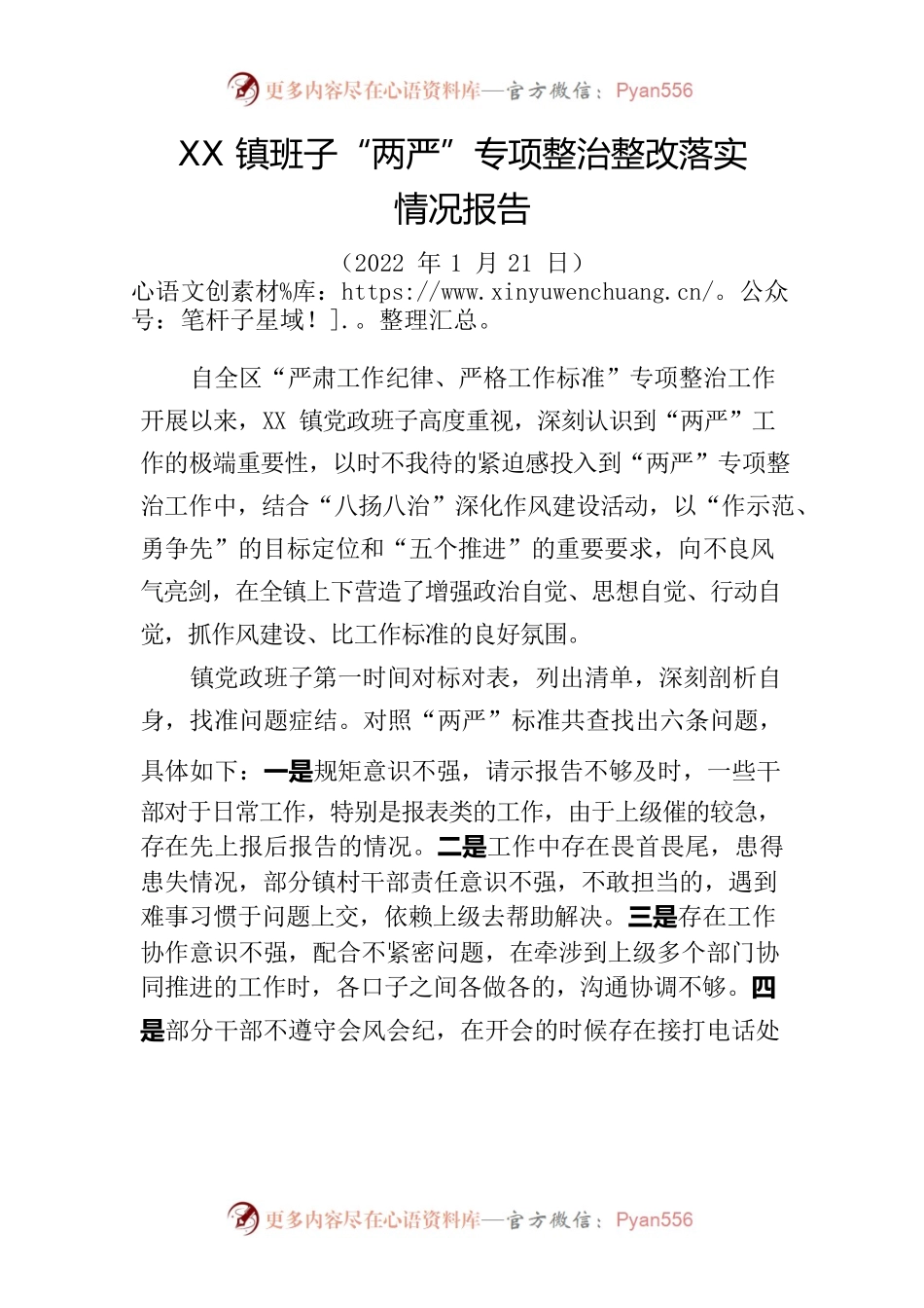 XX镇班子“两严”专项整治整改落实情况报告.docx_第1页
