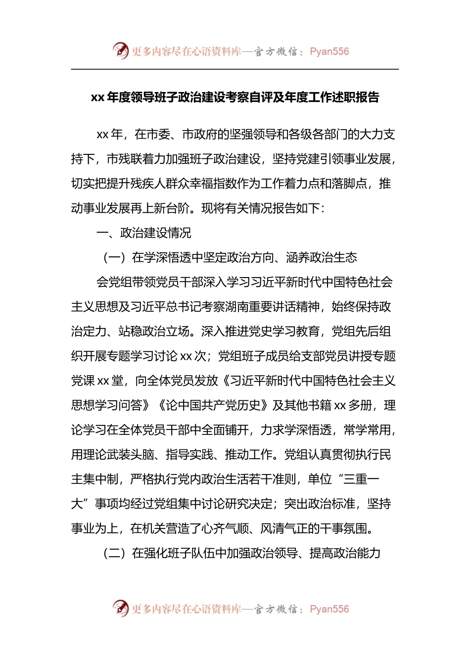 xx年度领导班子政治建设考察自评及年度工作述职报告.docx_第1页