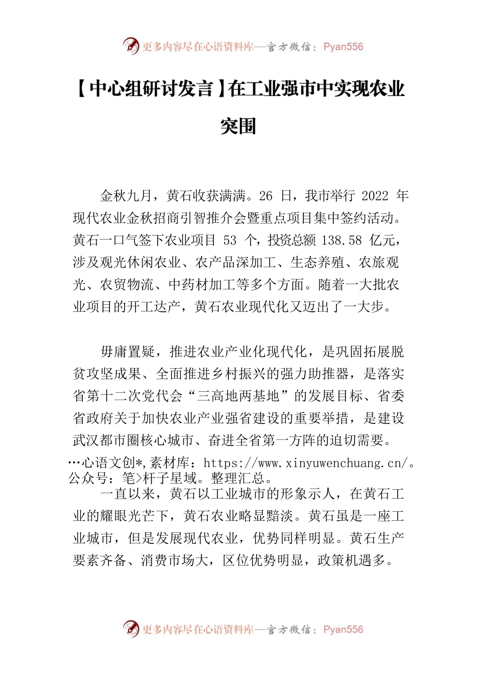 【中心组研讨发言】在工业强市中实现农业突围.docx_第1页