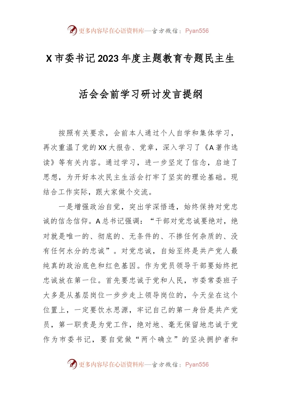 X市委书记2023年度主题教育专题民主生活会会前学习研讨发言提纲.docx_第1页