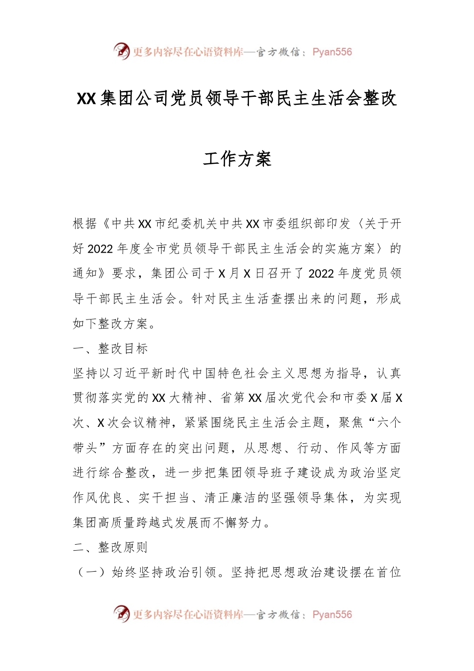 XX集团公司党员领导干部民主生活会整改工作方案.docx_第1页