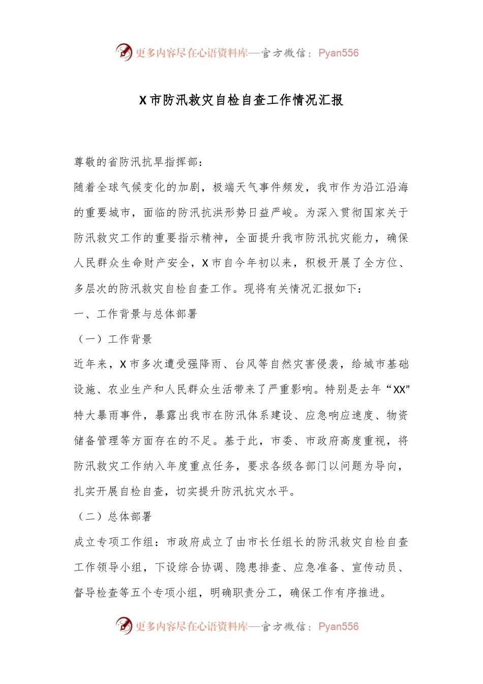 X市防汛救灾自检自查工作情况汇报.docx_第1页