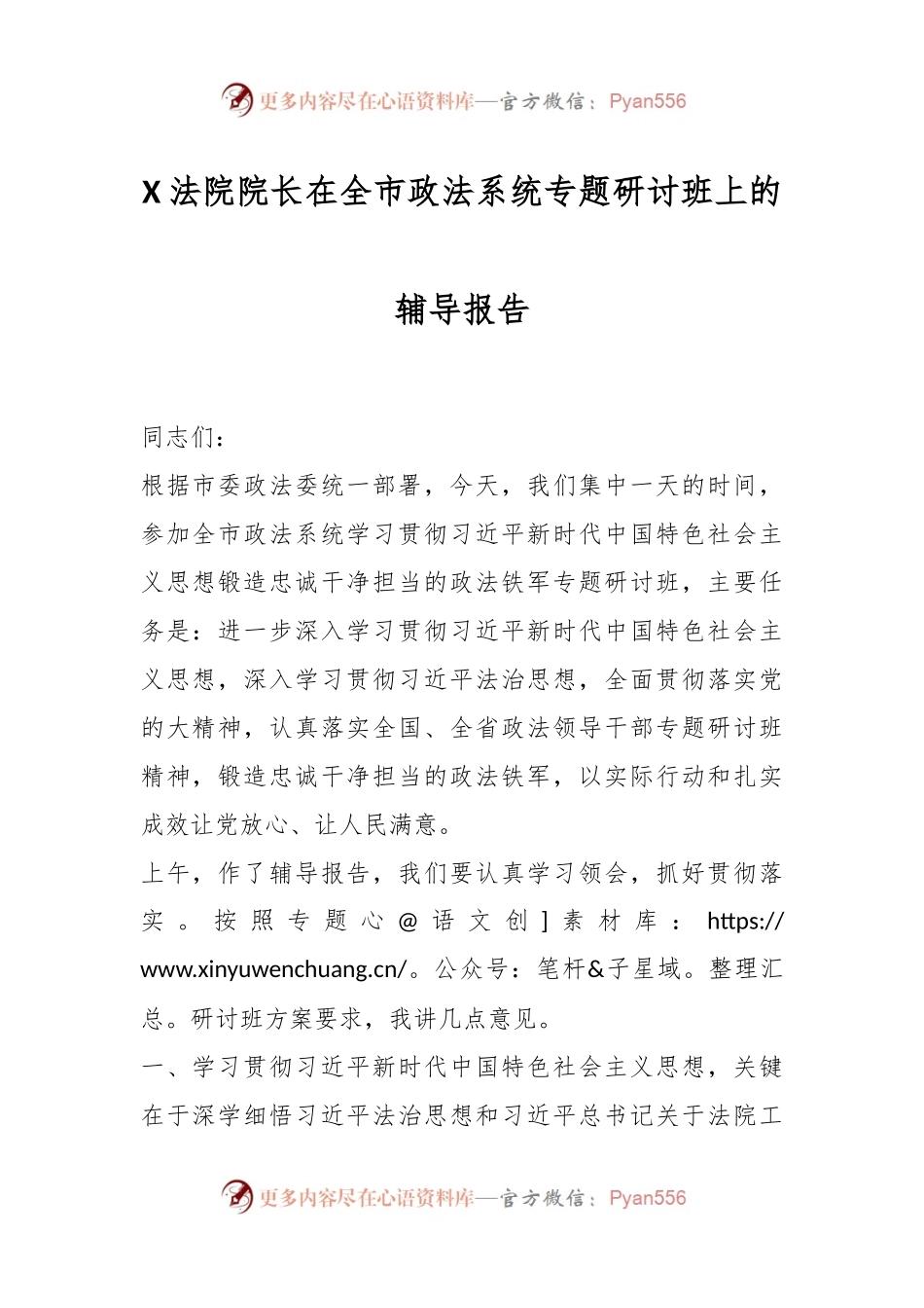 X法院院长在全市政法系统专题研讨班上的辅导报告.docx_第1页