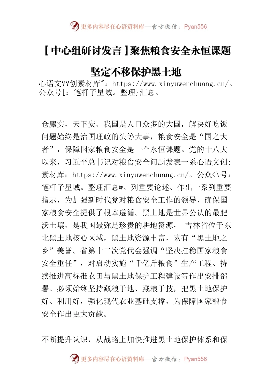 【中心组研讨发言】聚焦粮食安全永恒课题 坚定不移保护黑土地.docx_第1页