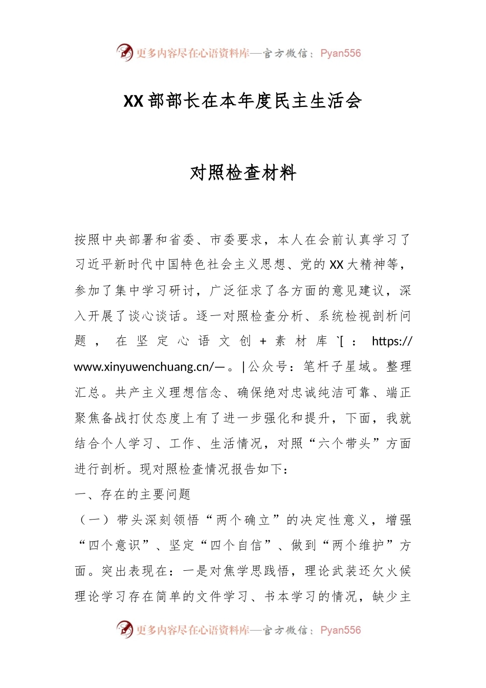XX部部长在本年度民主生活会对照检查材料.docx_第1页
