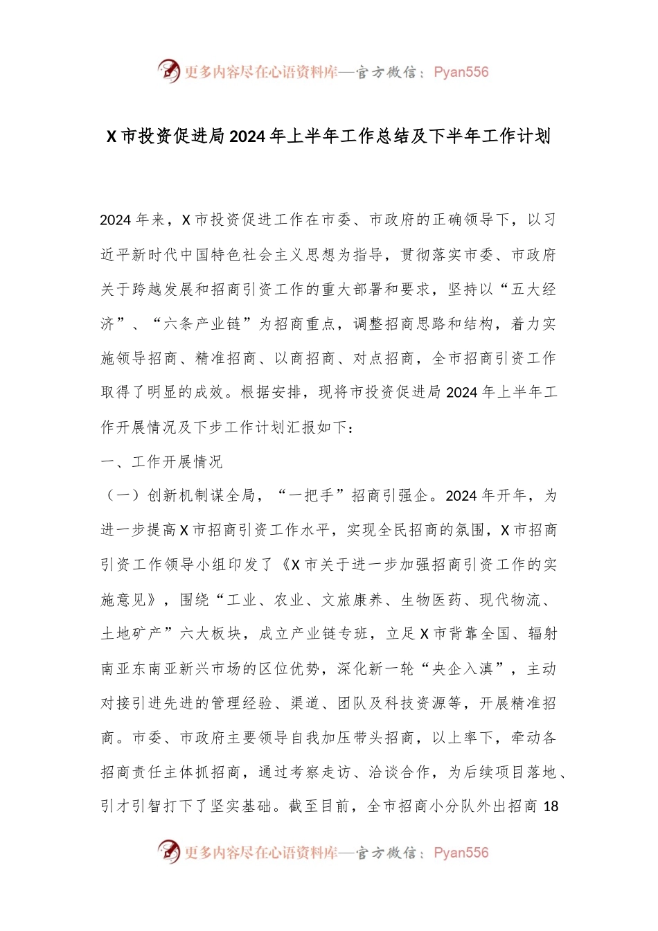 X市投资促进局2024年上半年工作总结及下半年工作计划.docx_第1页