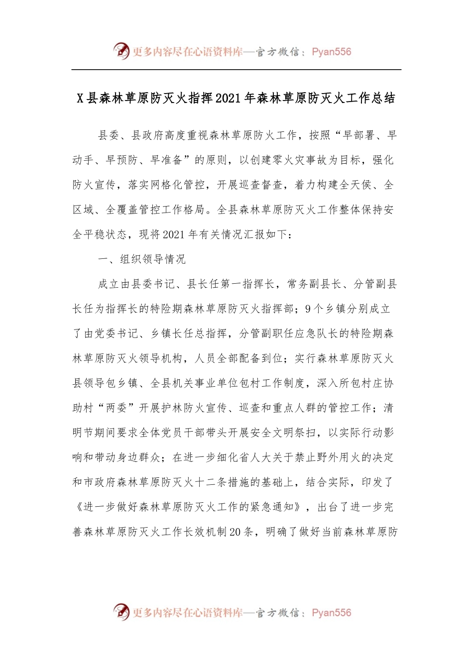 X县森林草原防灭火指挥2021年森林草原防灭火工作总结.docx_第1页