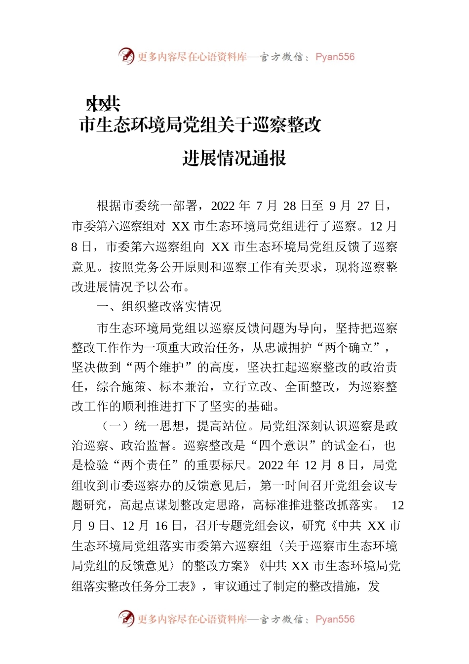 XX市生态环境局党组关于巡察整改进展情况通报（20230313）.docx_第1页