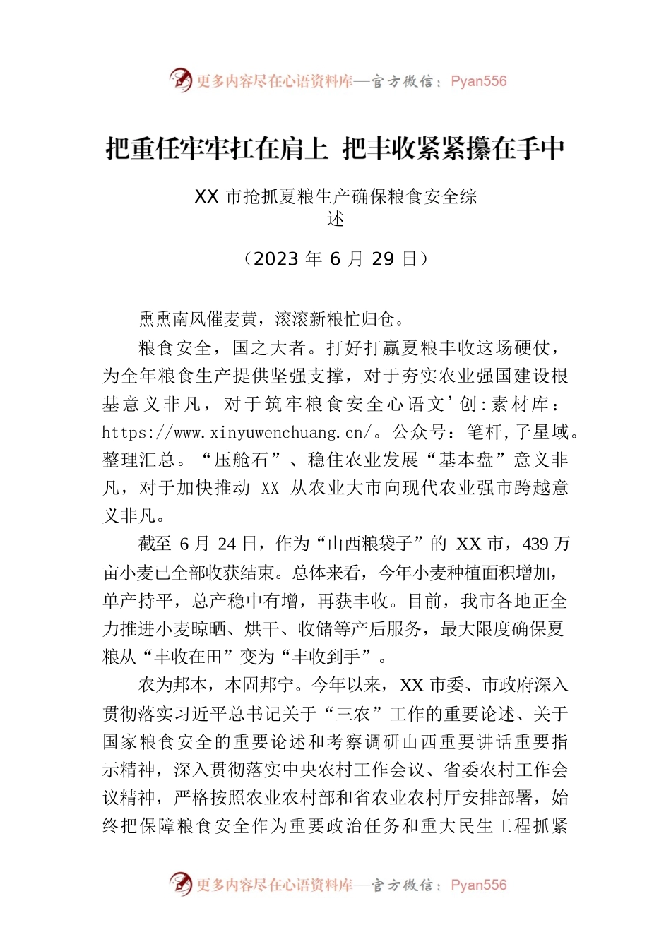 XX市抢抓夏粮生产确保粮食安全综述.docx_第1页