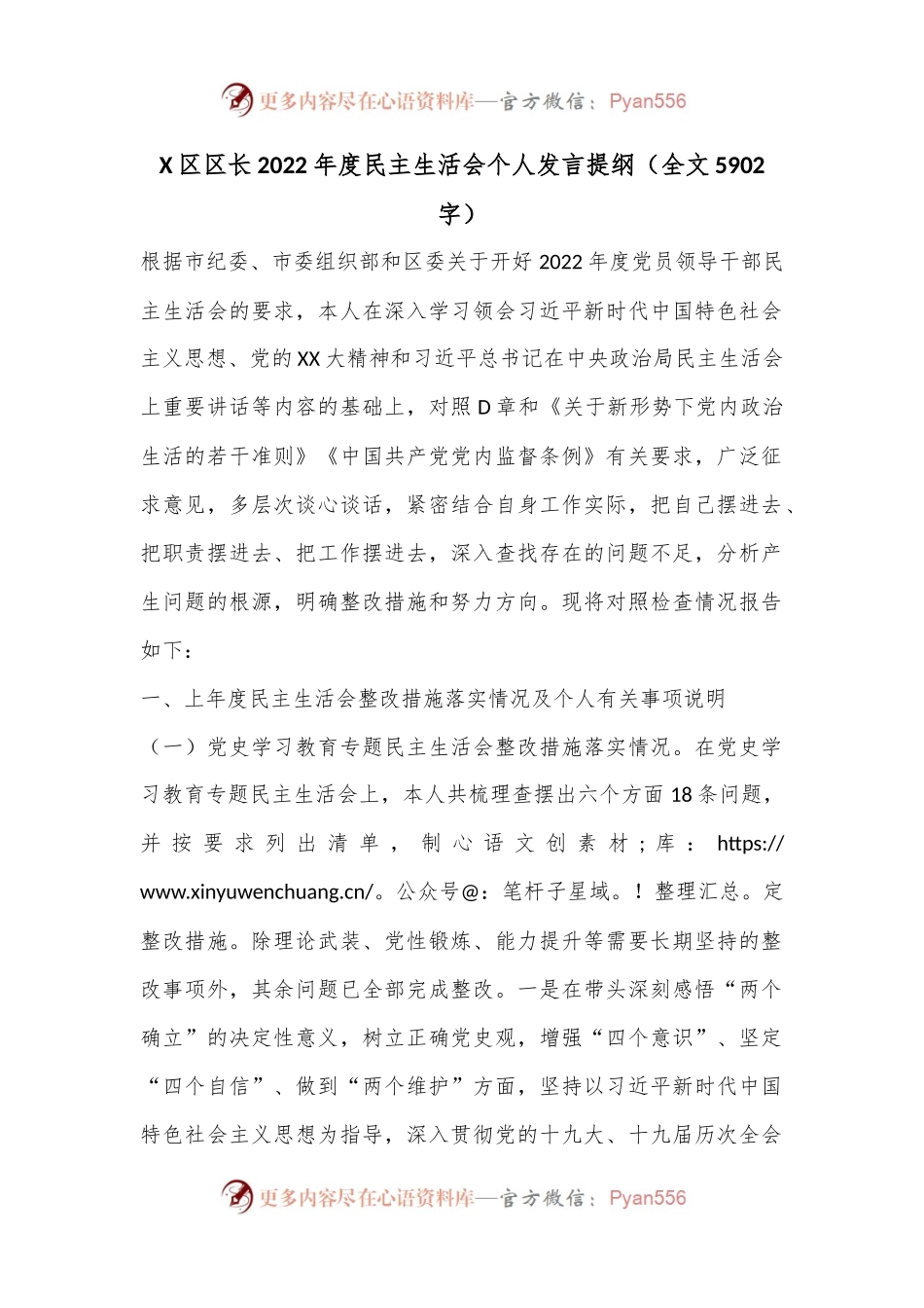 X区区长2022年度民主生活会个人发言提纲（全文5902字）.docx_第1页